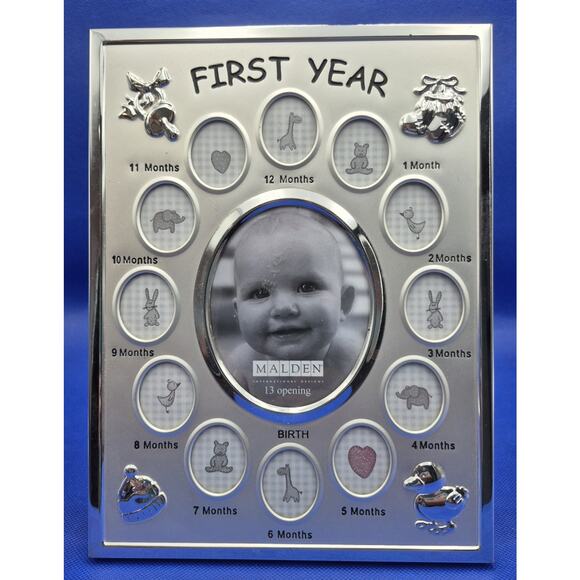 Malden BABY FIRST YEAR Photo Frame Silvertone 13 Openings 10x7.5" NEVER USED - Picture 8 of 8